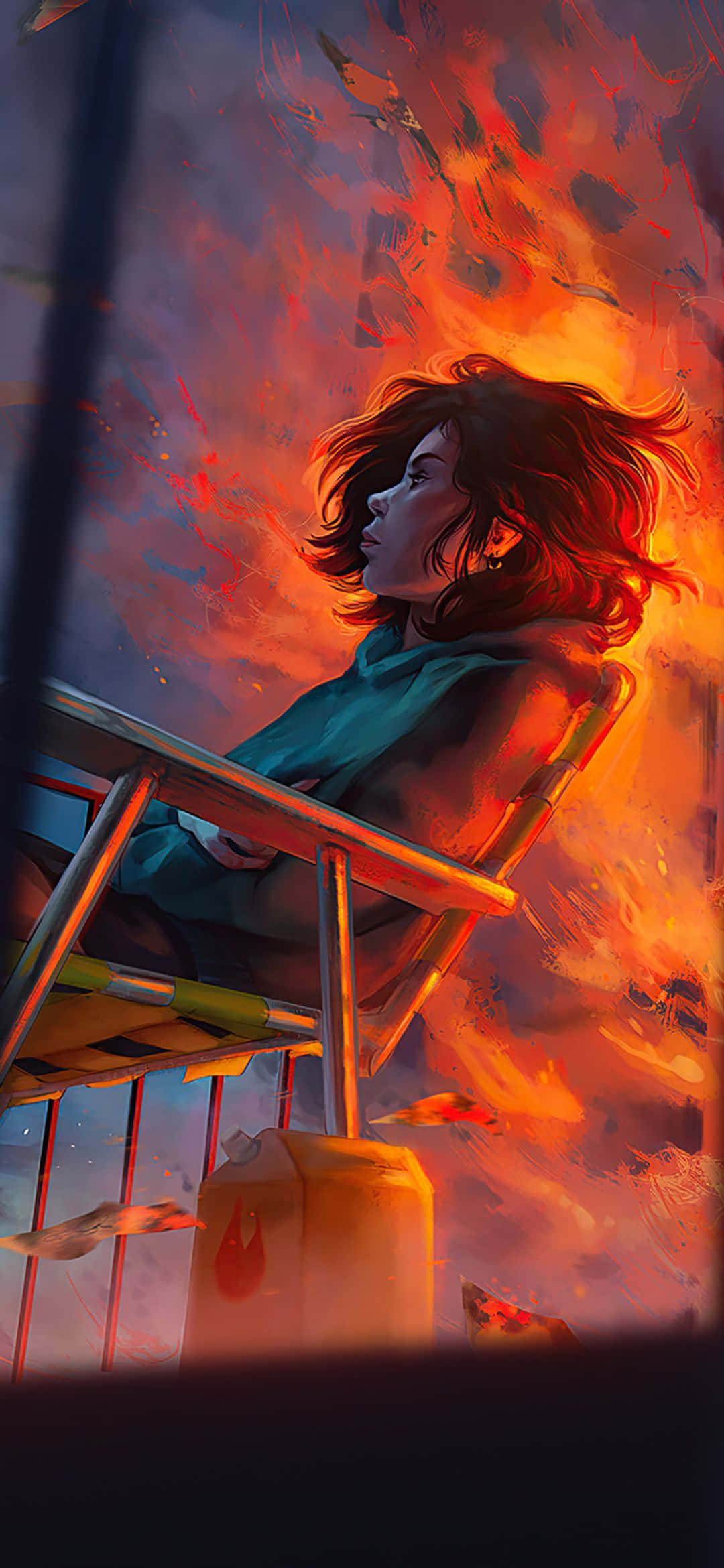 1080x2340 4K Anime Jente Stol I Brann Bakgrunner