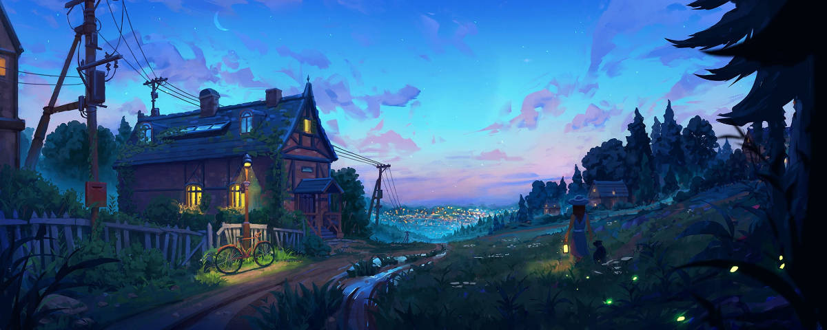 1200x480 Anime-landsby Bakgrunner