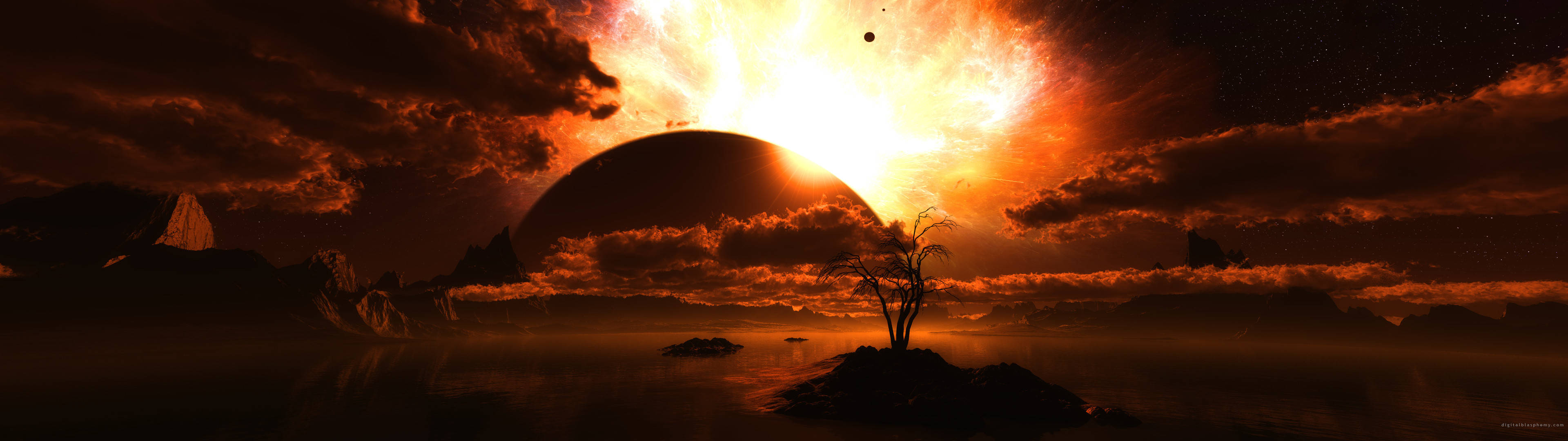 3840x1080 HD Dobbel Skjerm Innsjø Sollys Bakgrunner