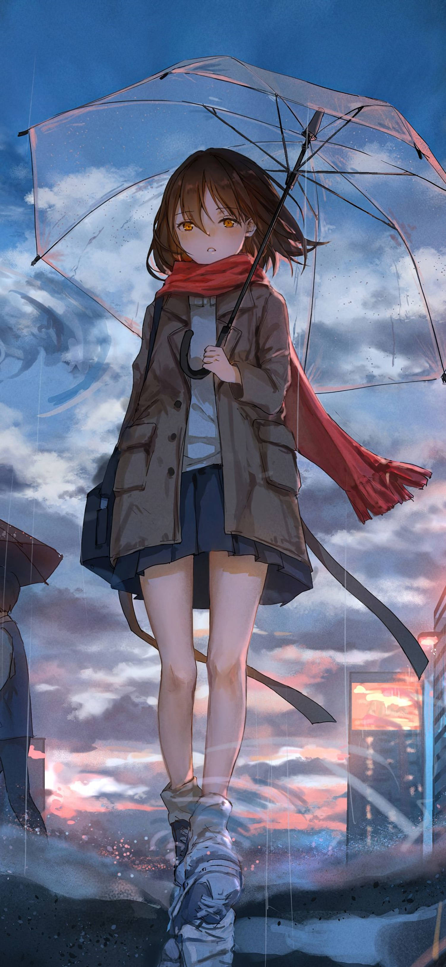 4K Anime iPhone Jente med Rødt Skjerf Bakgrunner