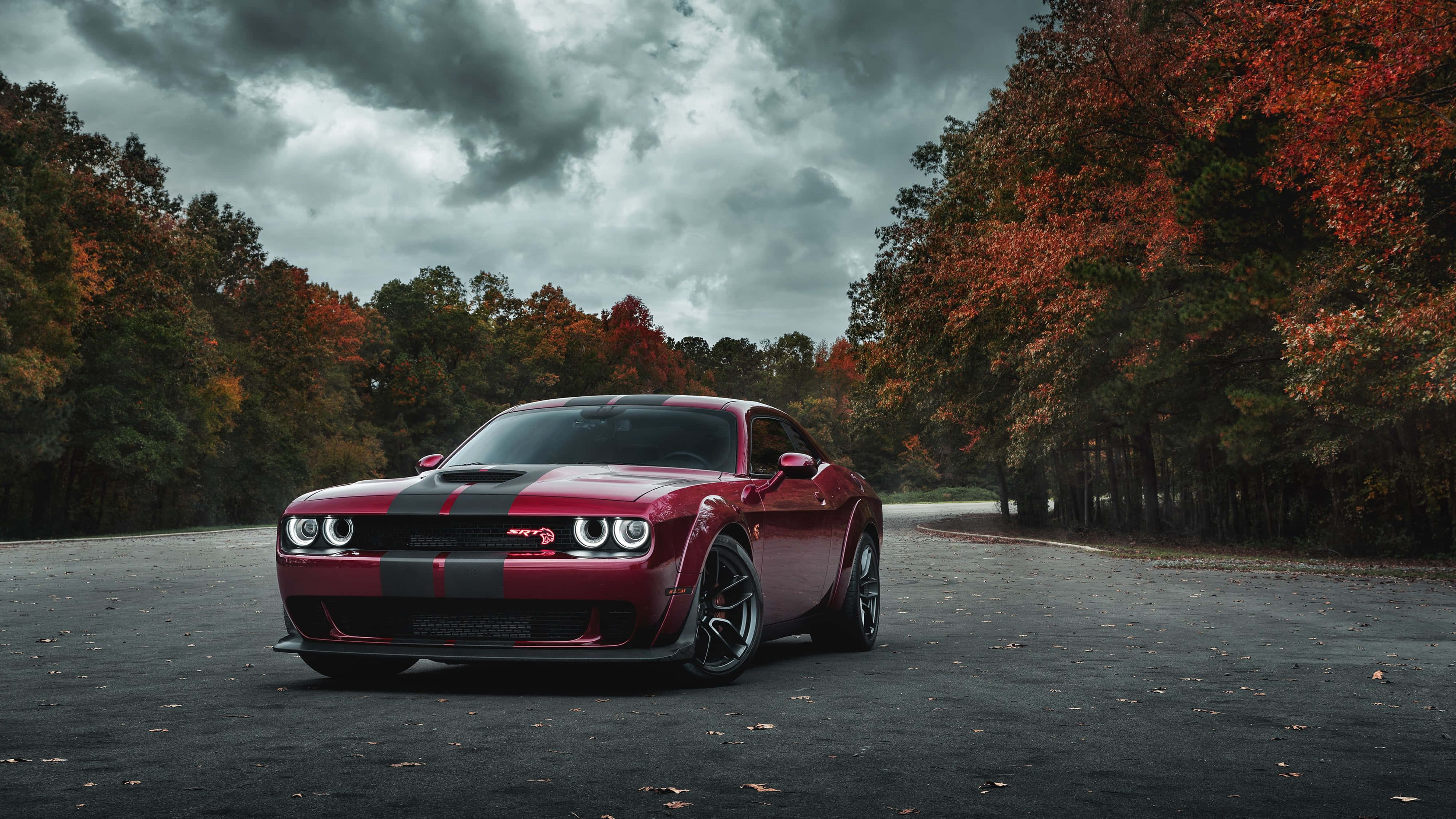 4K Dodge Hellcat På Skogsparkeringsplass Bakgrunner