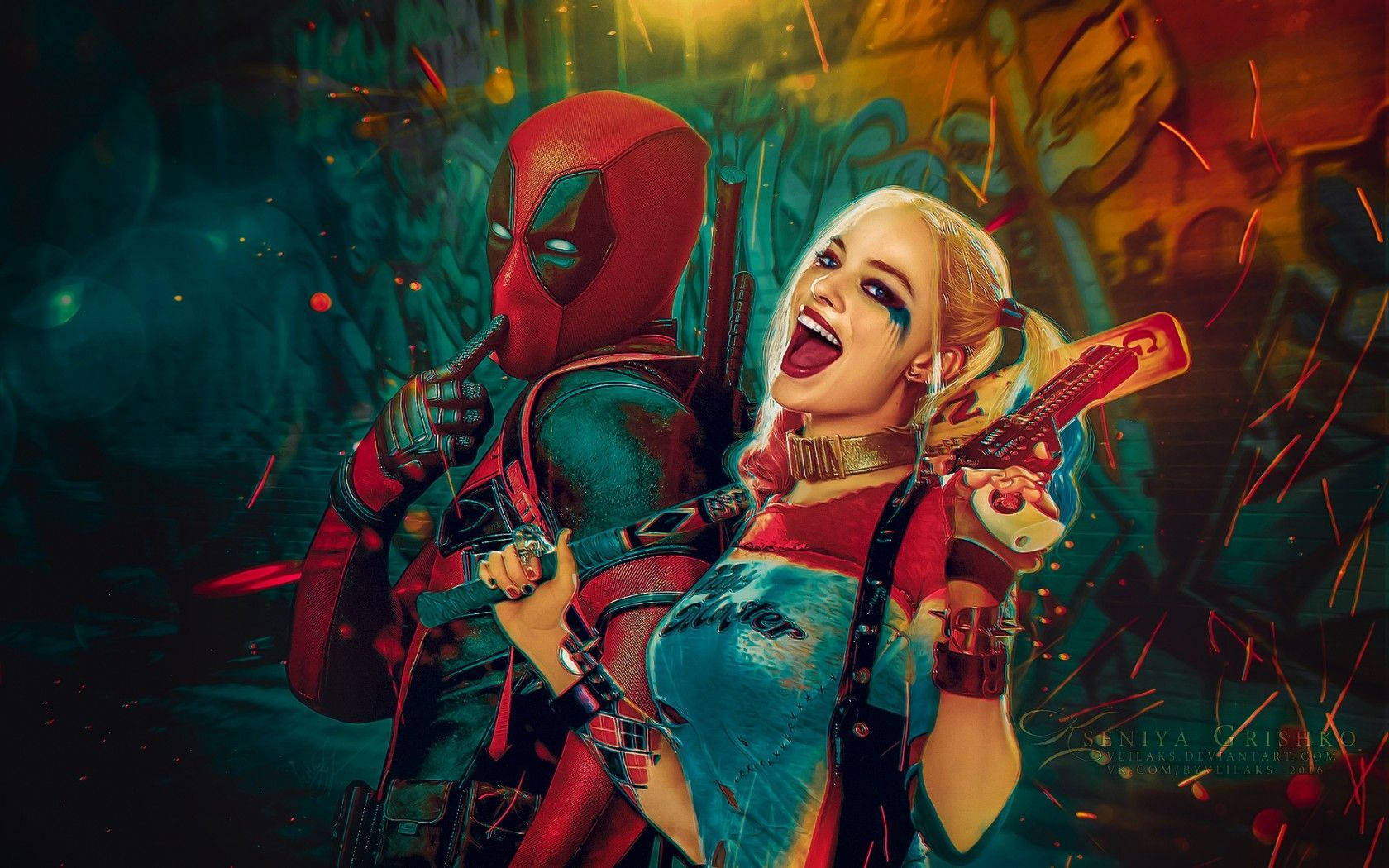 4K Harley Quinn med Deadpool Bakgrunner
