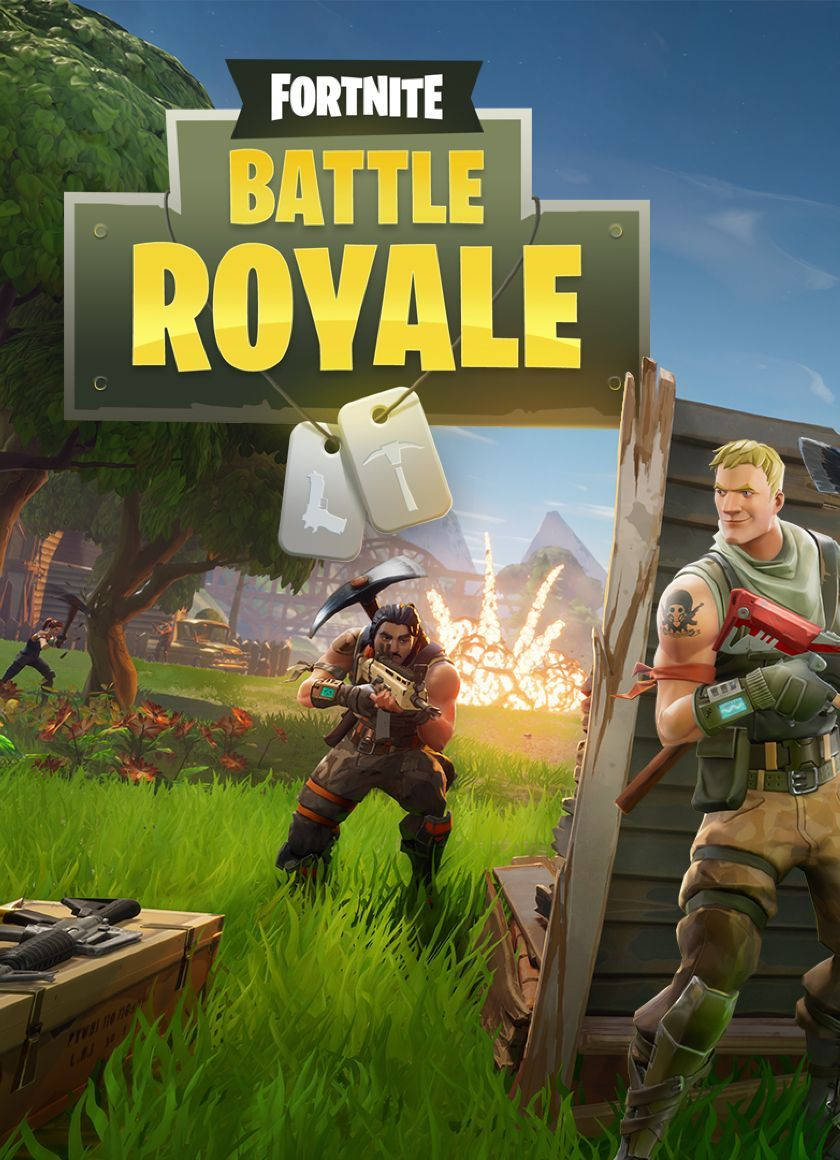 Fortnite battle royale med to gutter som slåss med våpnene sine, bakgrunnsbilde.