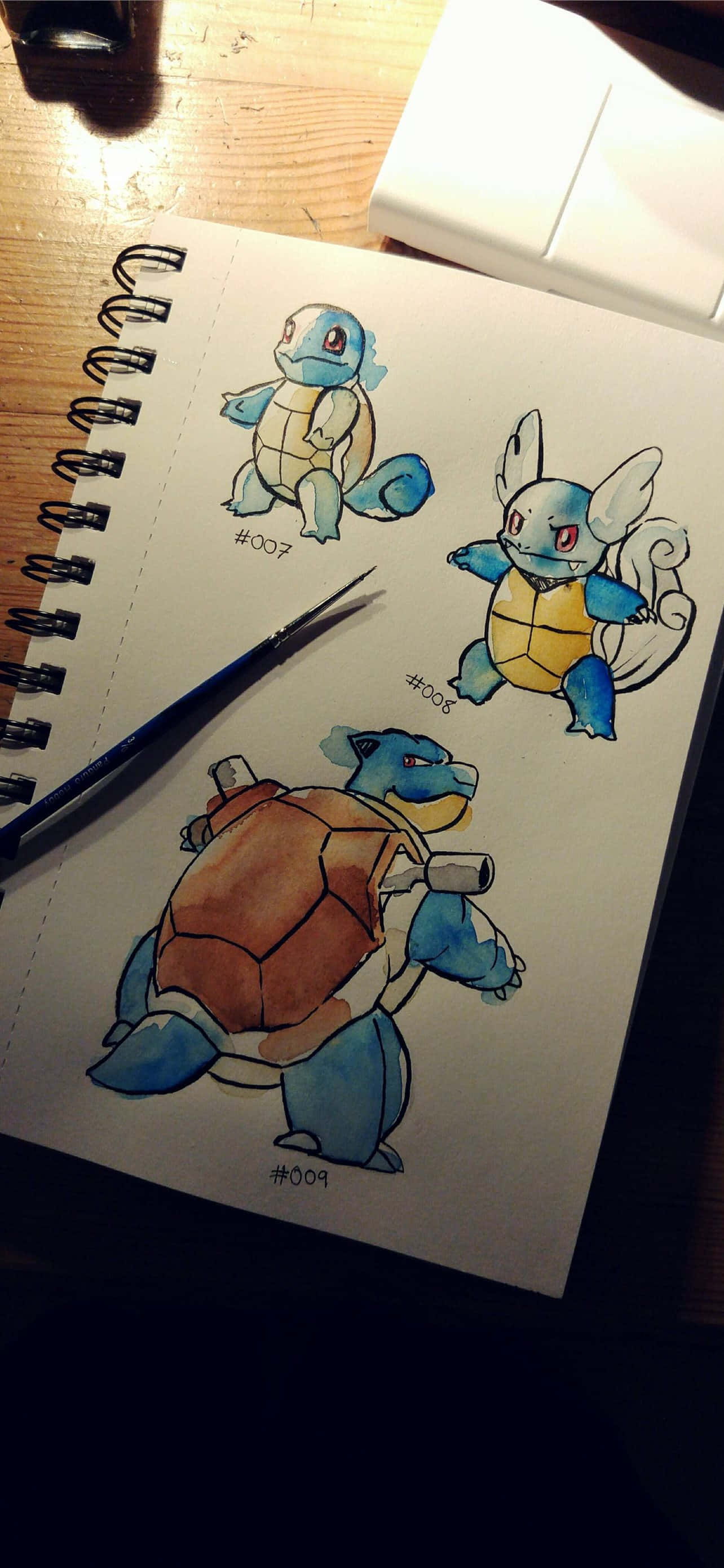 Akvarelltegninger av Squirtle, Wartortle og Blastoise Bakgrunner