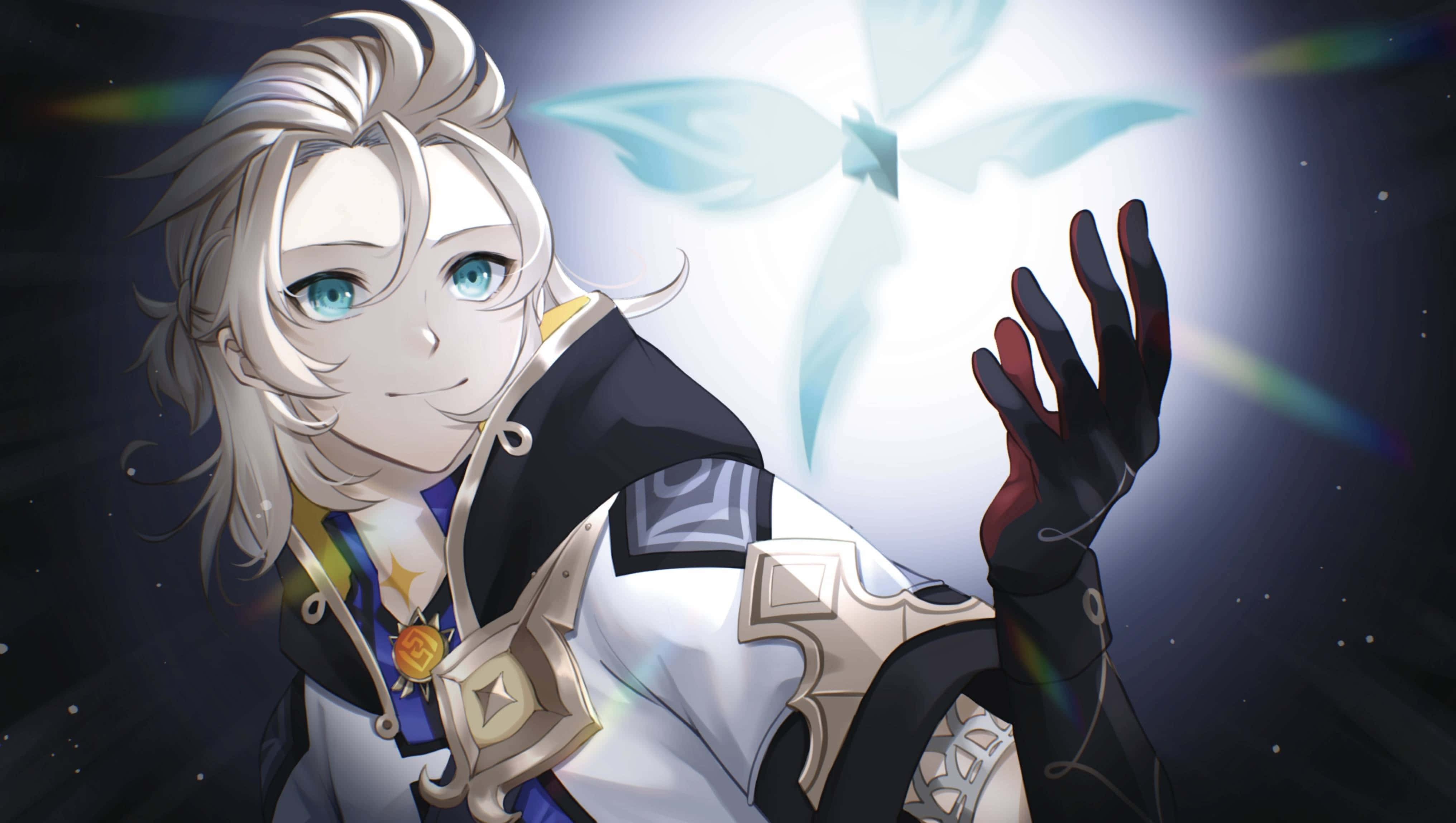 Albedo Genshin Impact ser på en blå blomst Bakgrunner