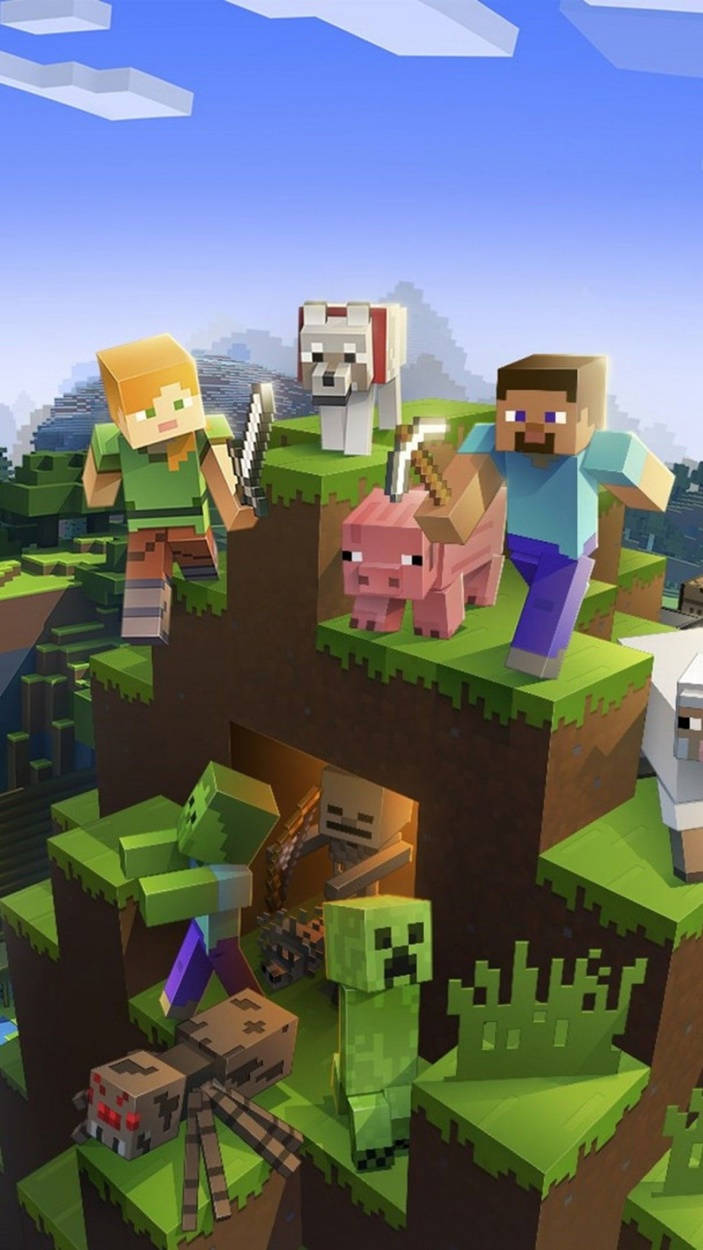 Alex og Steve med dyre-mobs Minecraft iPhone Bakgrunner