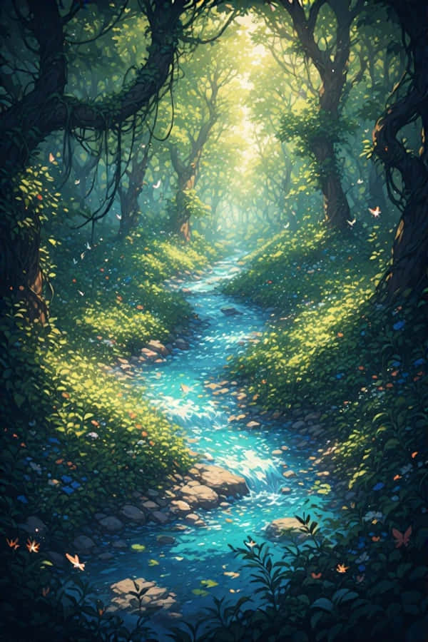 Anime Elv i Vill Grønn Skog Livlig Natur 4K Bakgrunner