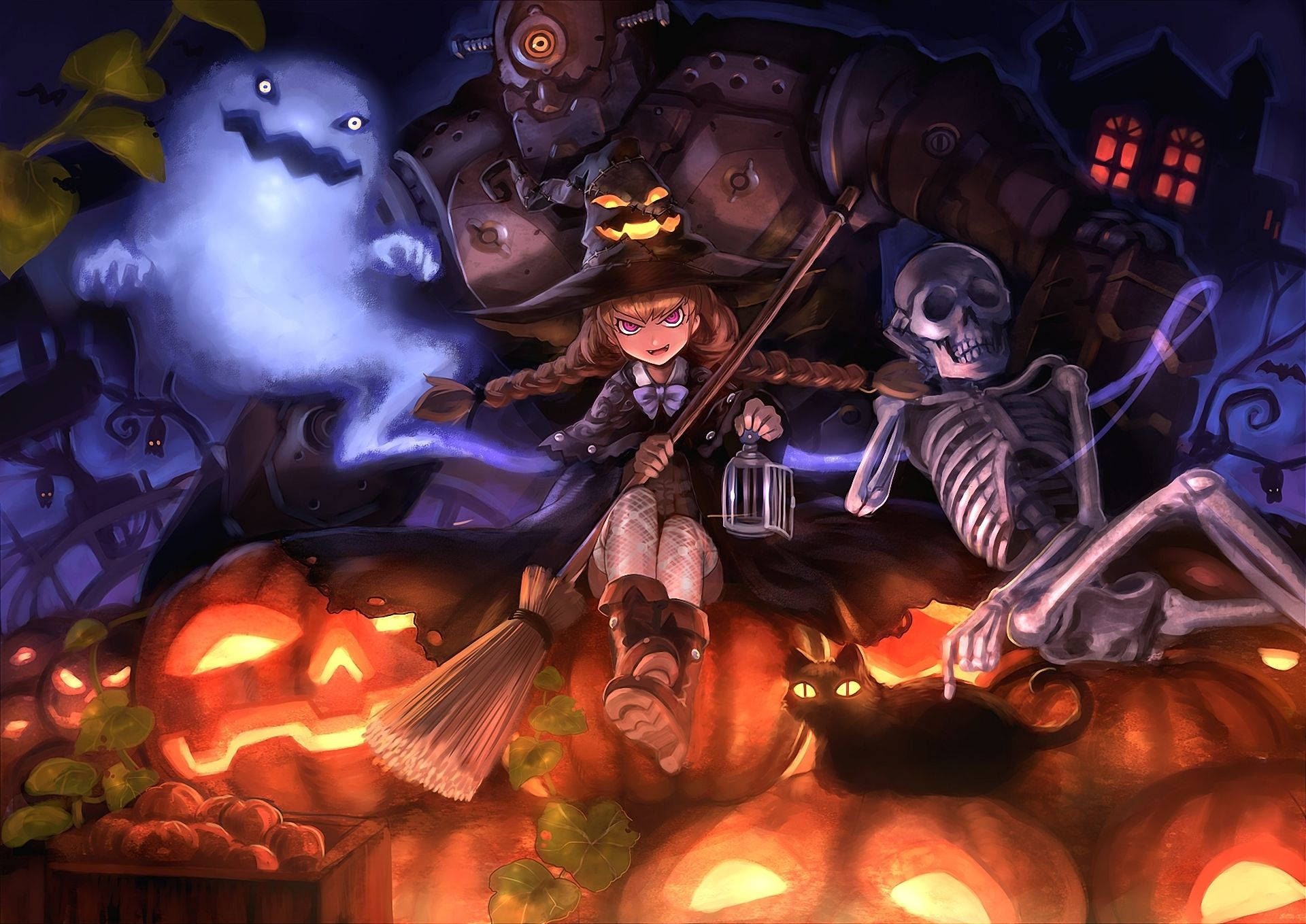 Anime Halloween-jente som henger med spøkelse, skjelett, robot Bakgrunner