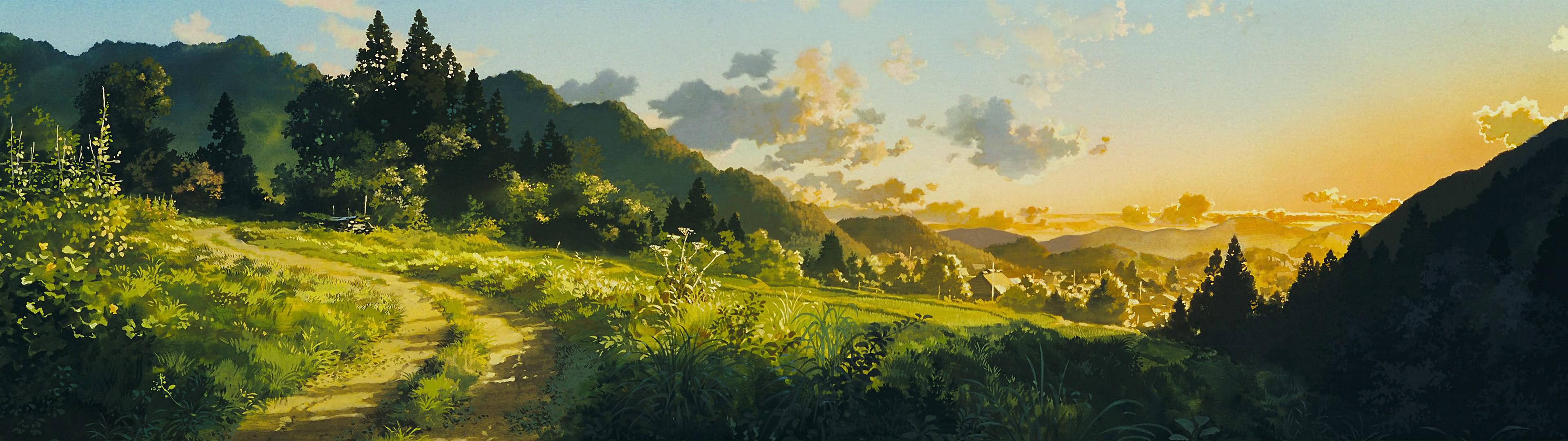 Naturlig grønt landskap i anime dobbel skjerm-bakgrunn