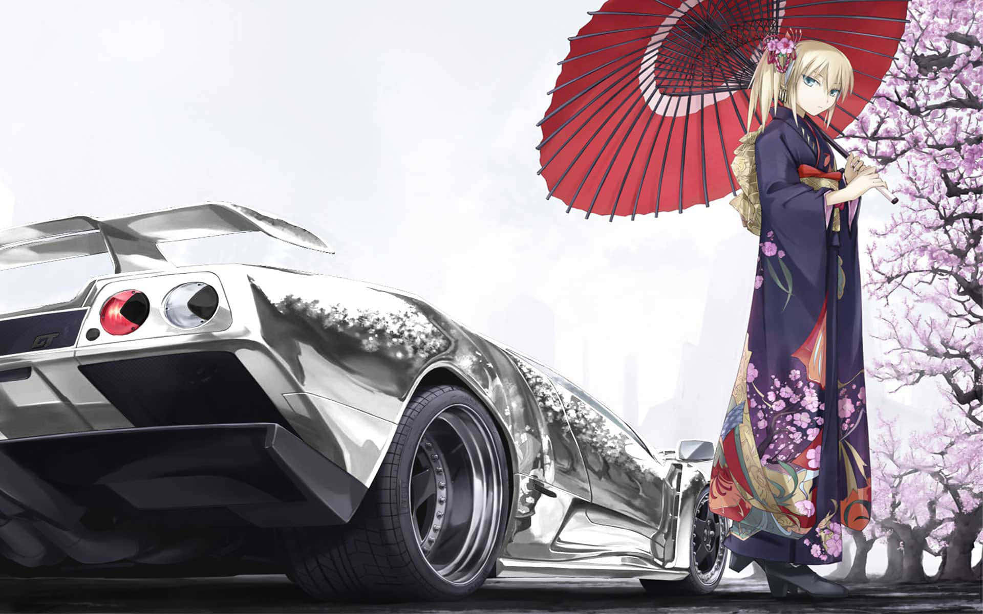 Anime-inspirert illustrasjon av en klassisk bil Bakgrunner