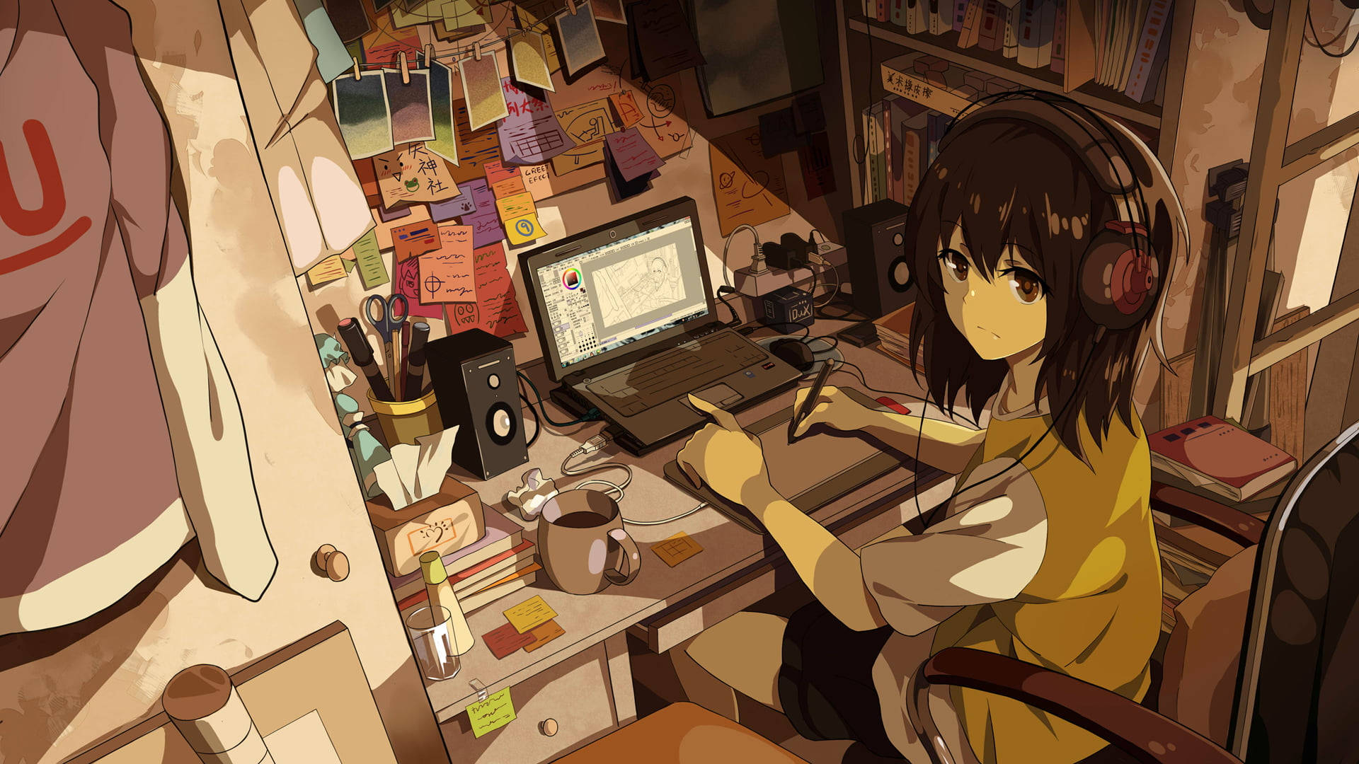 Anime-jente bruker stylus på laptopens styreflate Bakgrunner