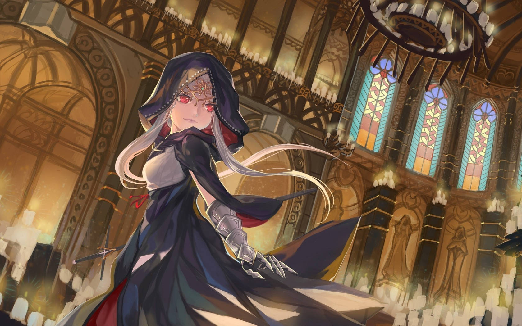 Anime-jente i hettegenser i kirke Bakgrunner