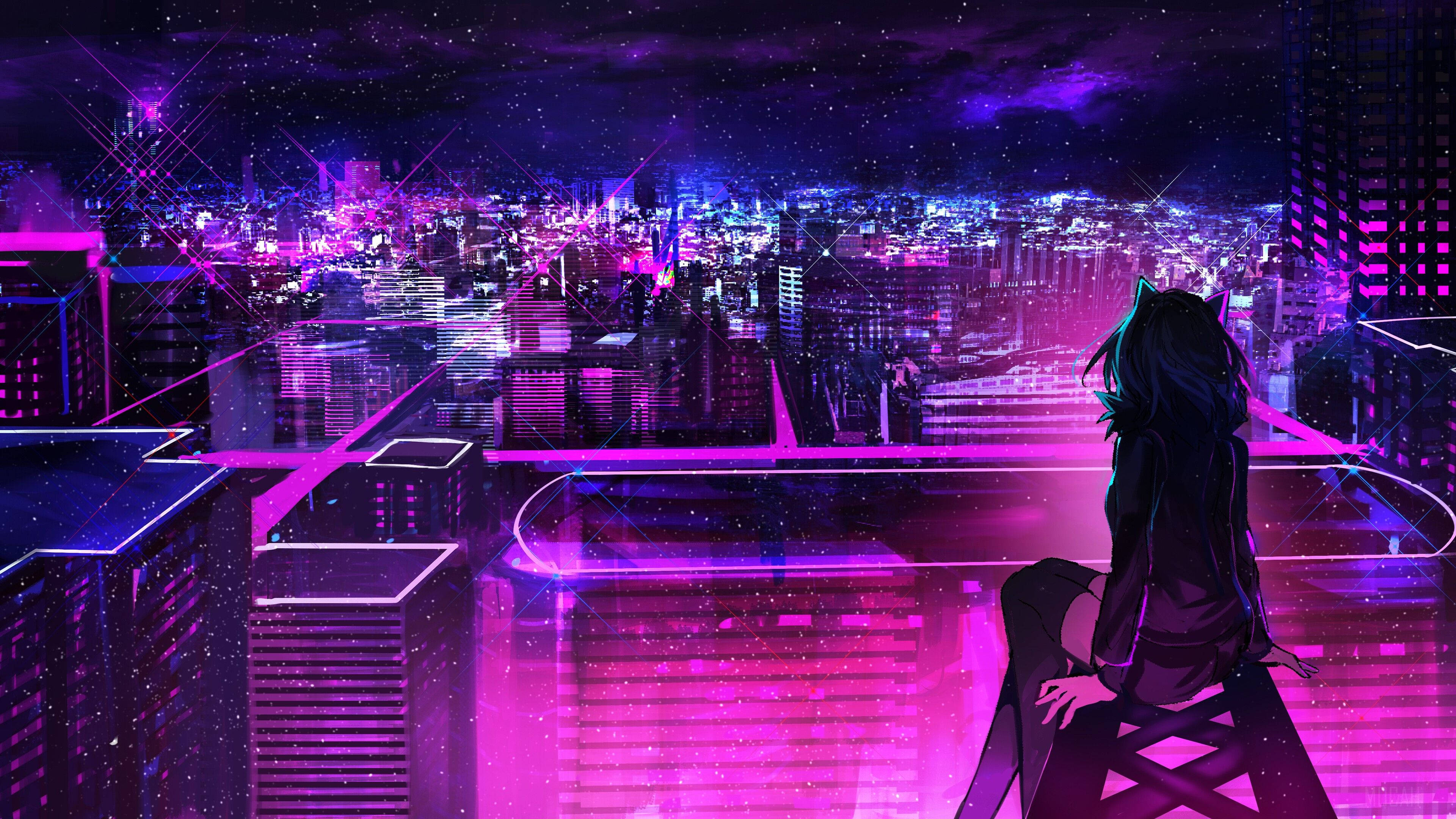 Anime jente med neonlys i lilla by Bakgrunner
