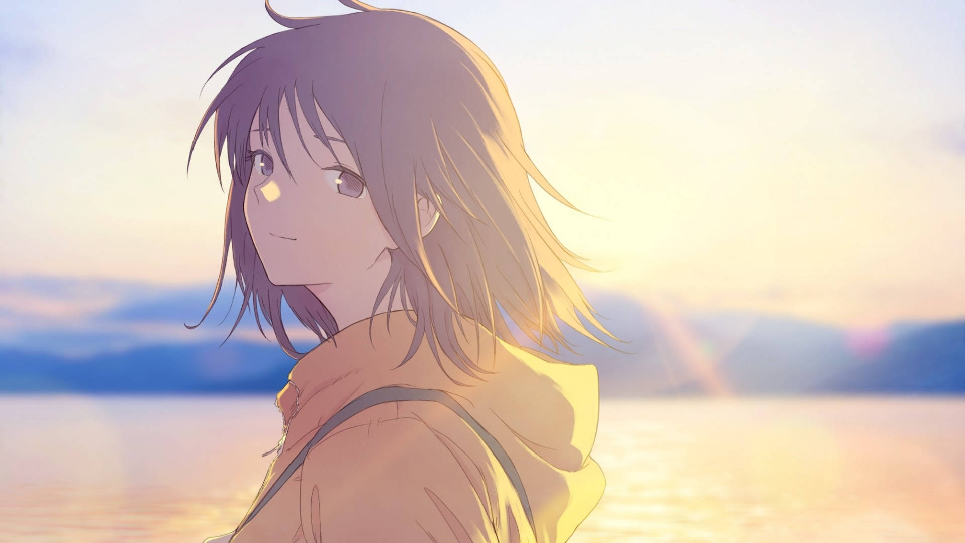 Anime-jente med hettegenser ved solnedgang Bakgrunner