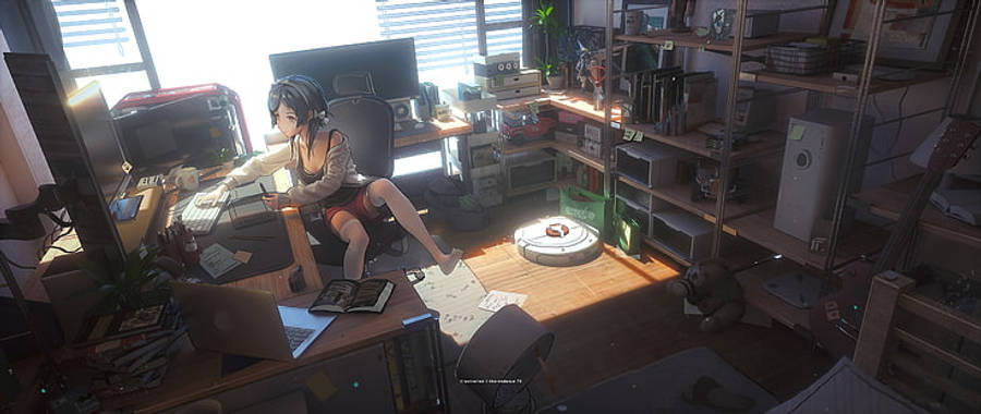 Anime-jente sitter komfortabelt og jobber på laptopen Bakgrunner