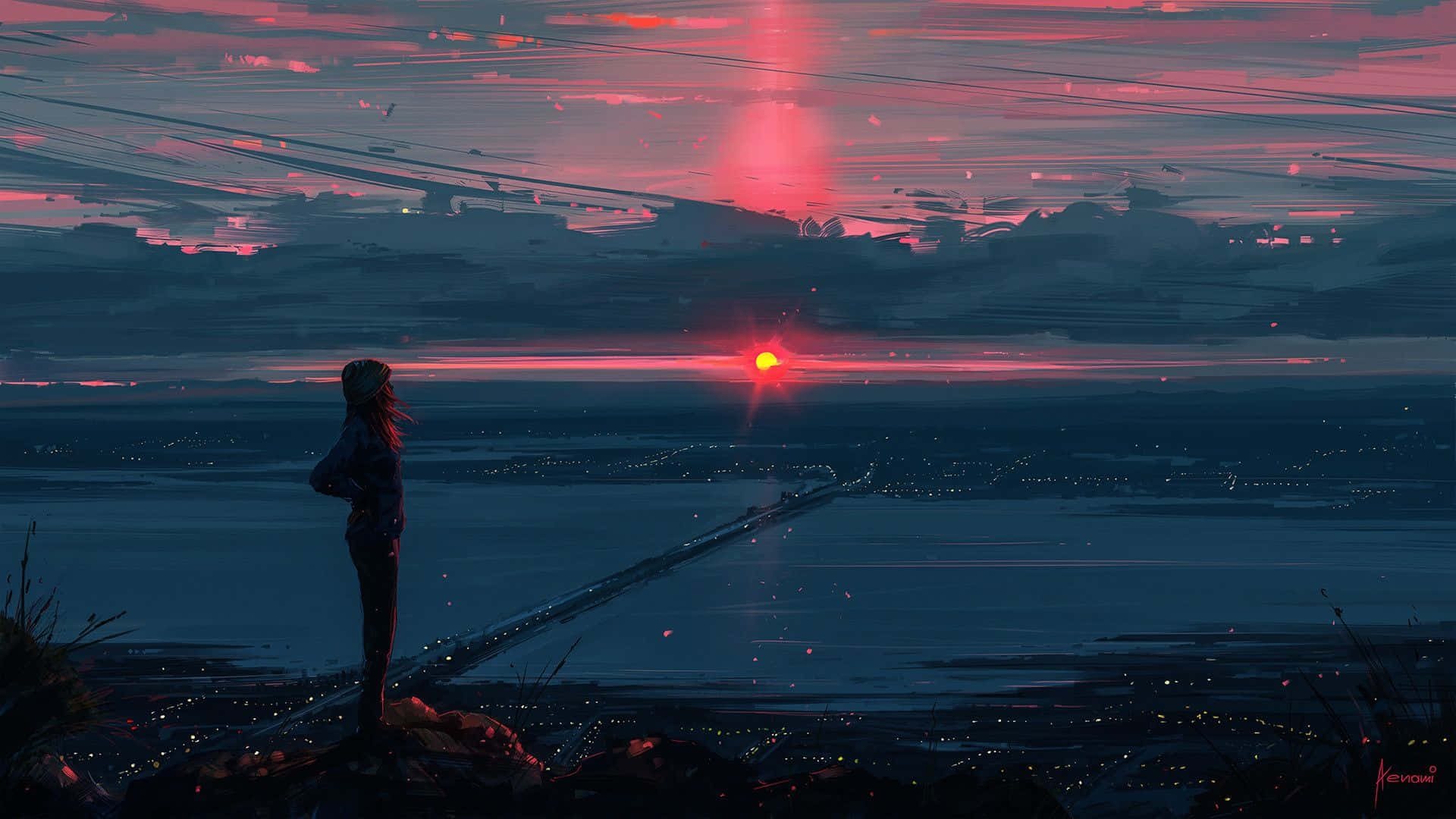 Anime-jente som ser ut over solnedgangsbyen fra klippen