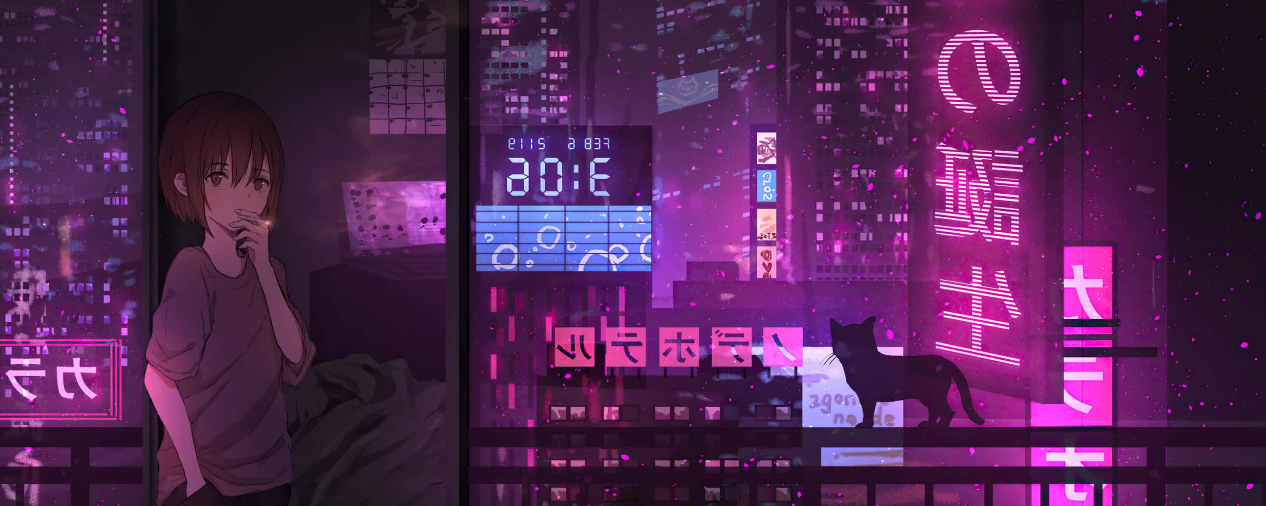 Anime-jente som røyker i cyberpunk bylys – dobbel skjerm Bakgrunner