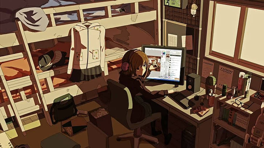 Anime-jentes laptop-arbeidsstasjon opplyst av skygger Bakgrunner