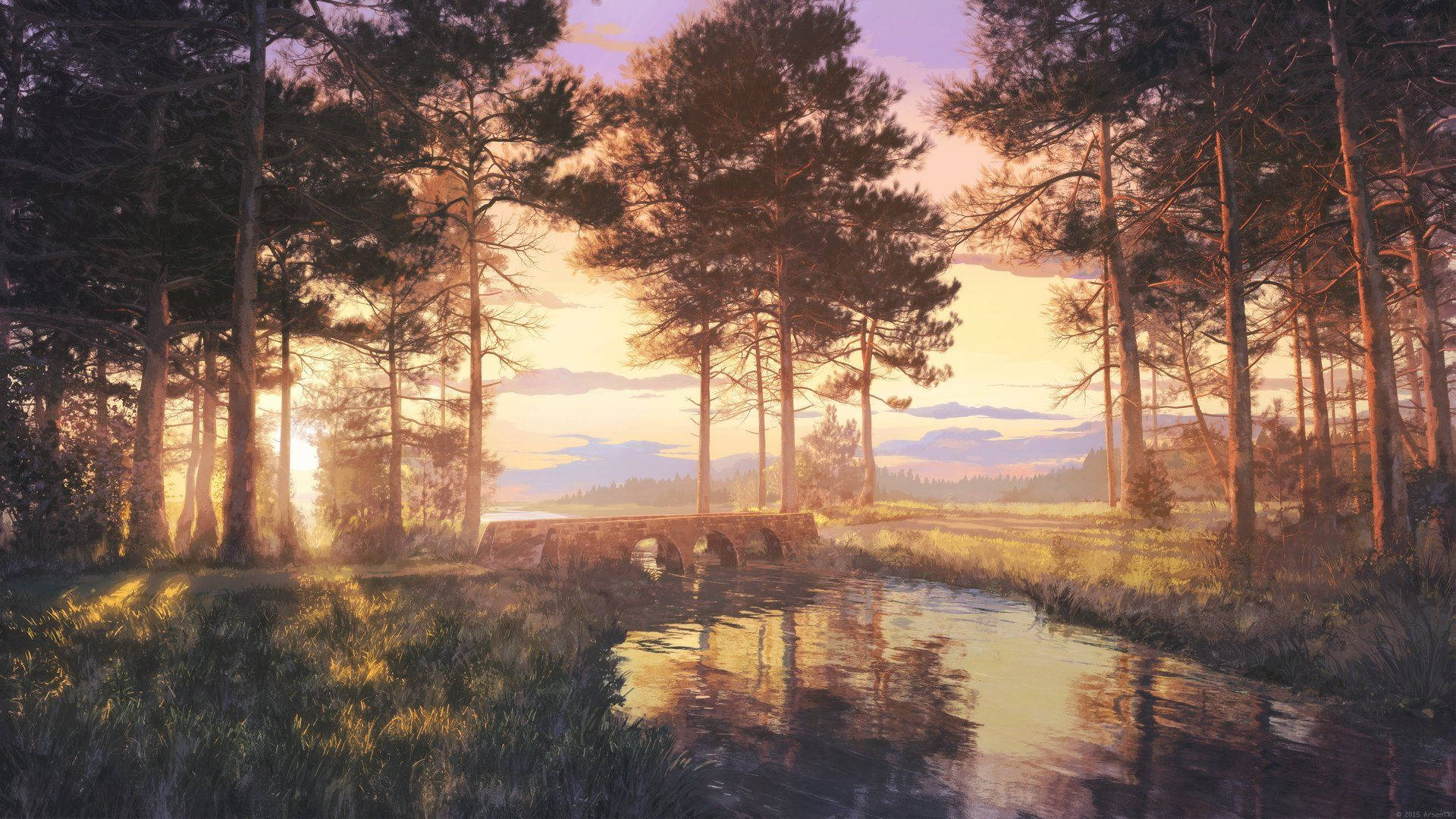 Anime landskap med skog, trær og elv Bakgrunner