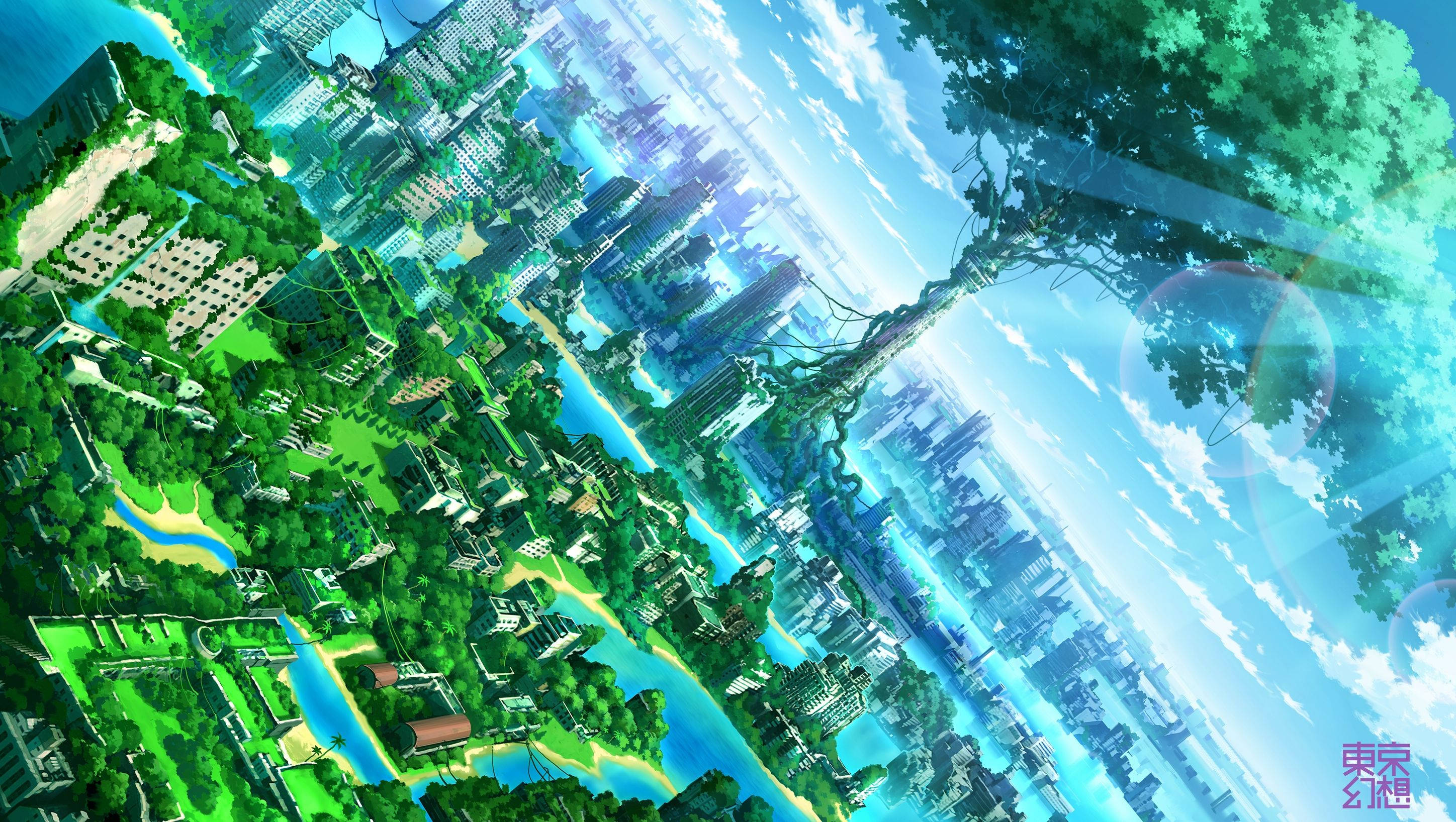 Anime landskap med løvrike by Bakgrunner
