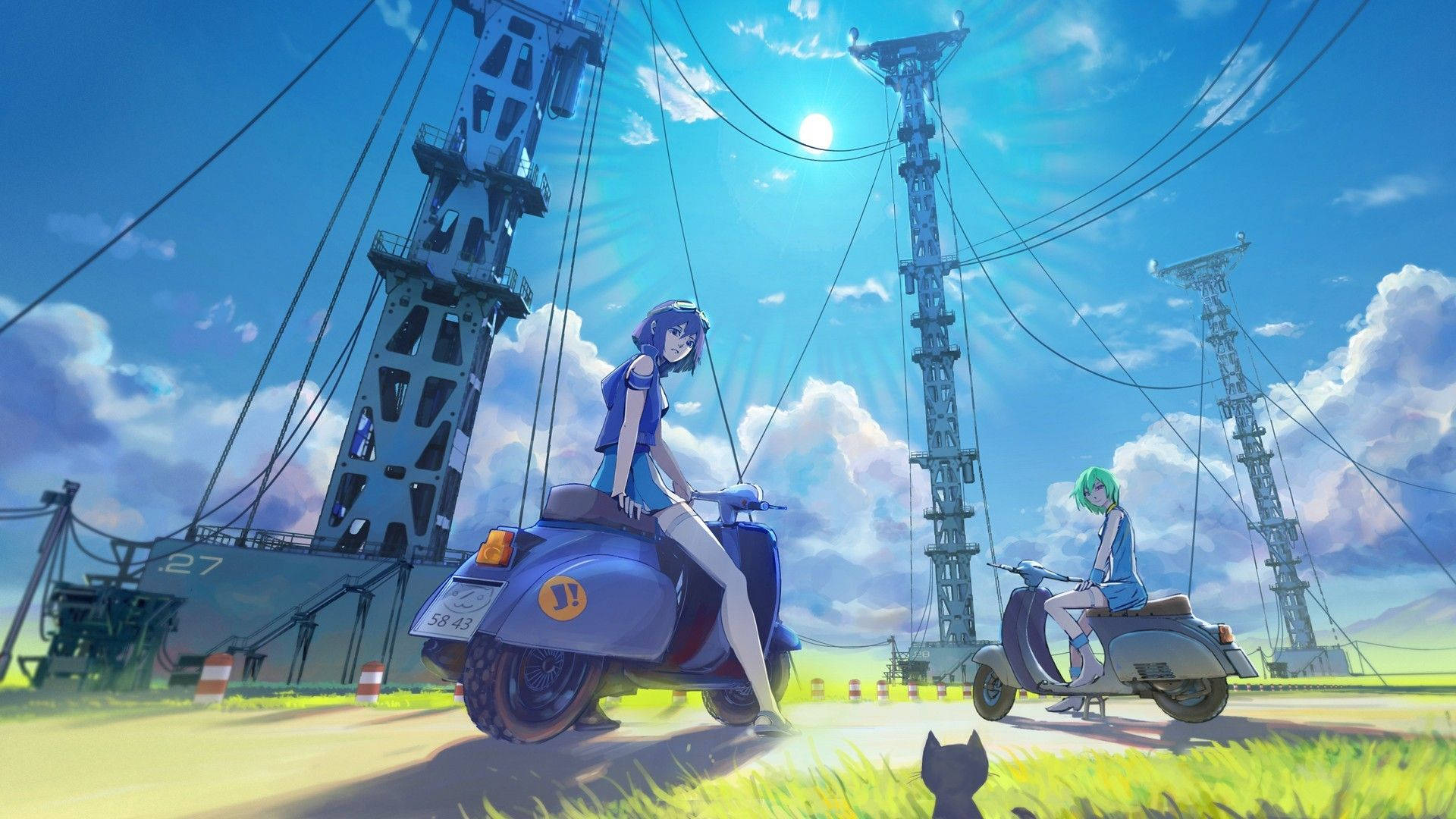 Anime-landskap med strømledninger Bakgrunner