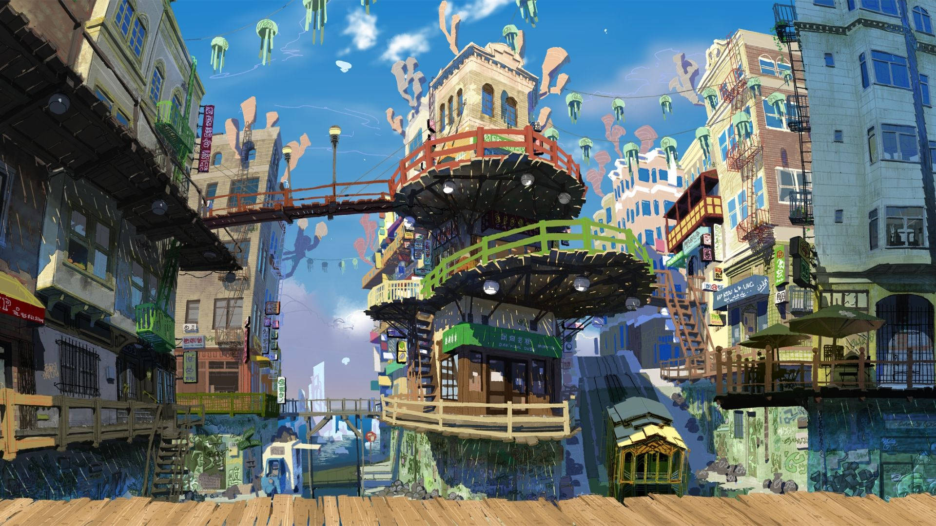 Anime-landskap med kule strukturer Bakgrunner