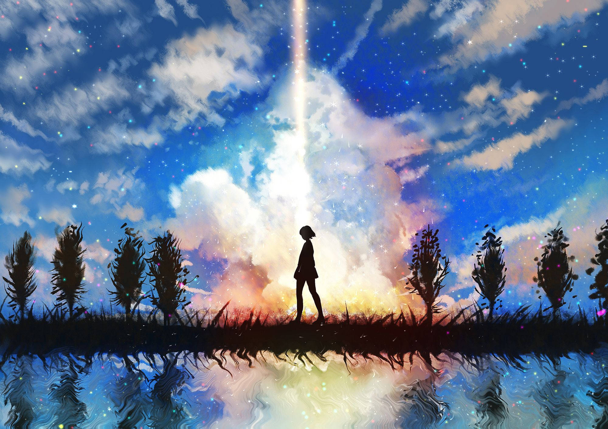 Anime-landskap med stjernehimmel Bakgrunner