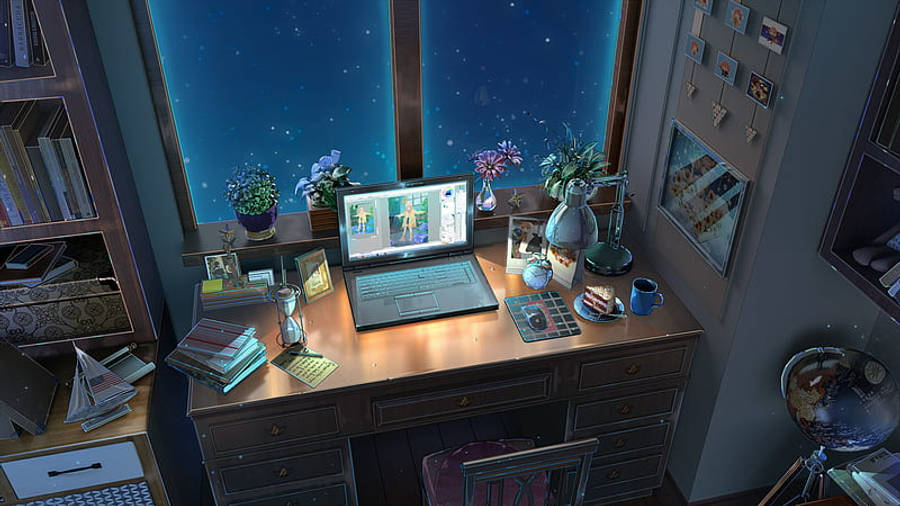 Anime-laptop slått på ved vinduet Bakgrunner