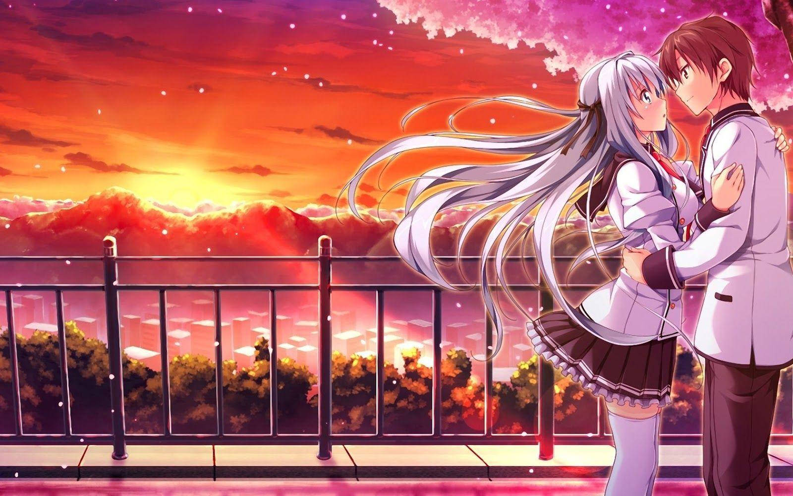 Anime-par klemmer solnedgang Bakgrunner