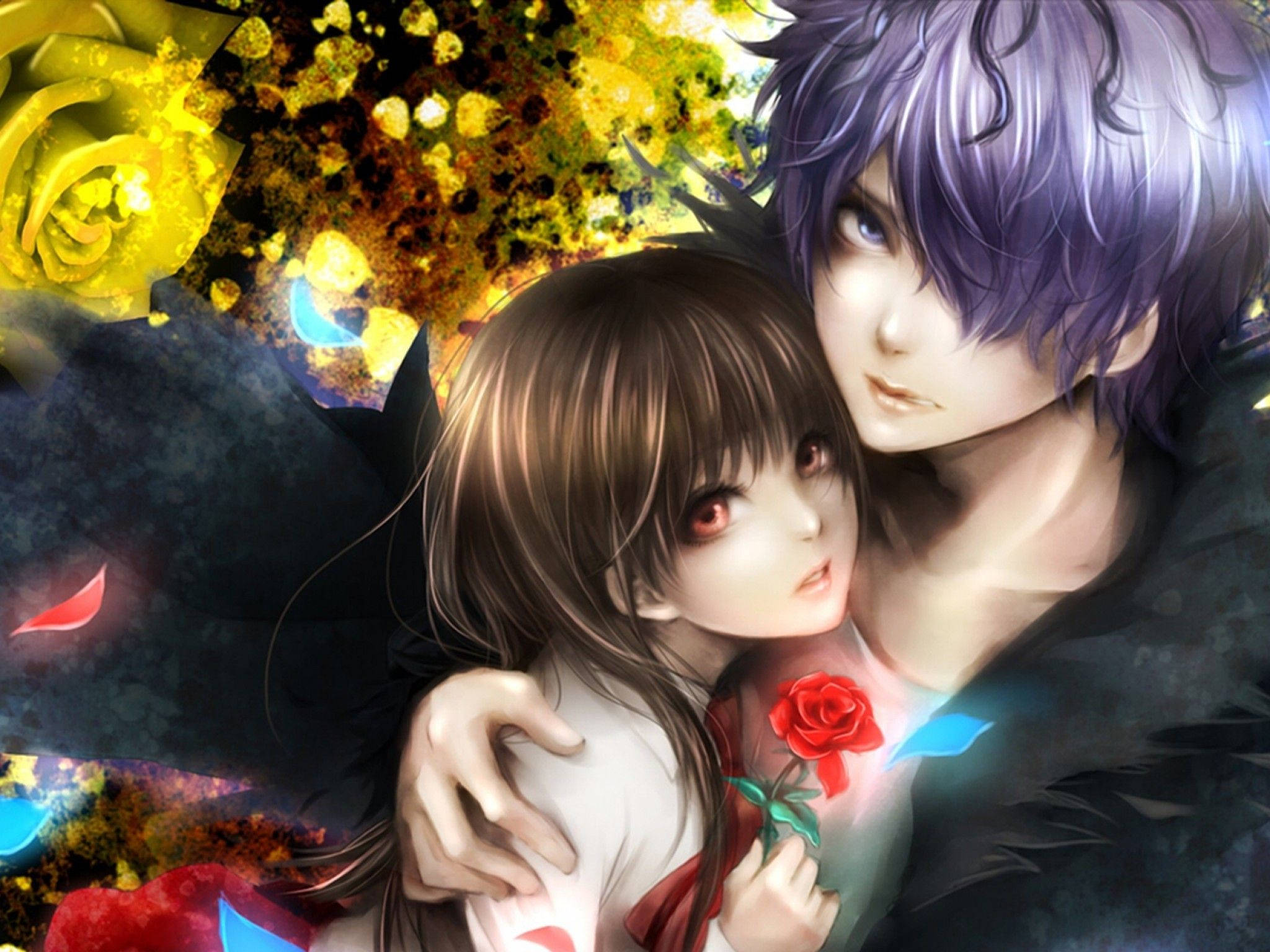 Anime-par omfavner rose Bakgrunner