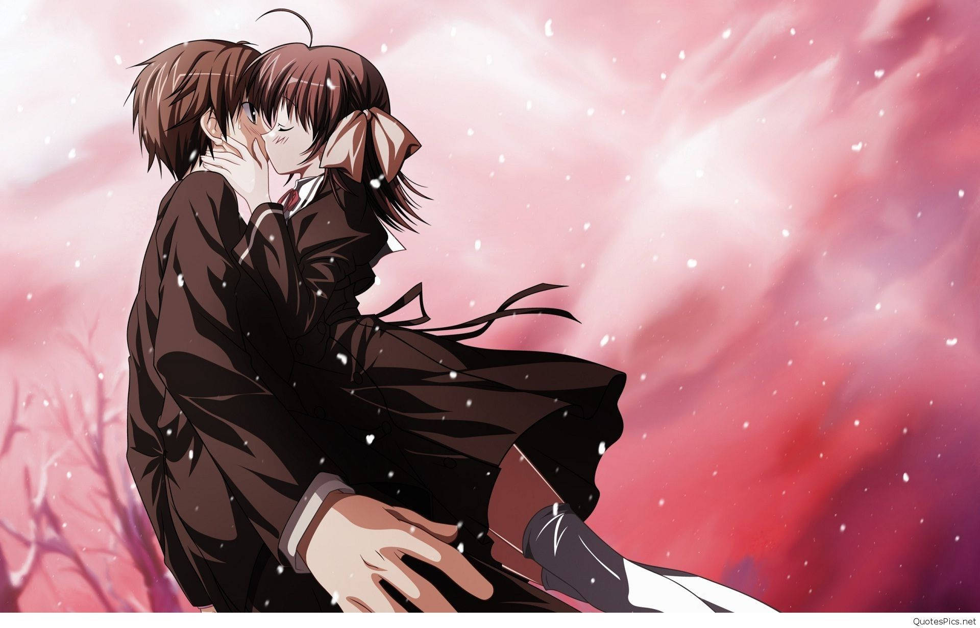 Anime-par omfavner rød himmel Bakgrunner