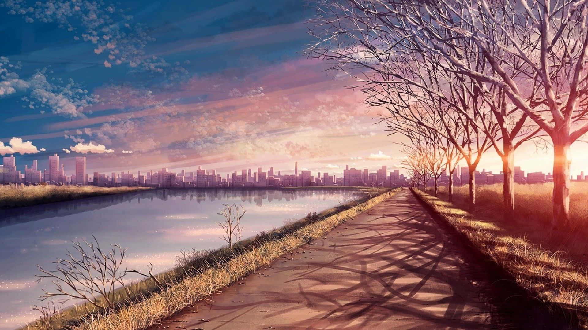 Anime Park River Sidewalk Bakgrunn Bakgrunner