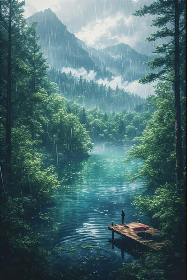 Anime Regnfull Innsjø i Grønn Skog Fredelig Natur 4K Bakgrunner