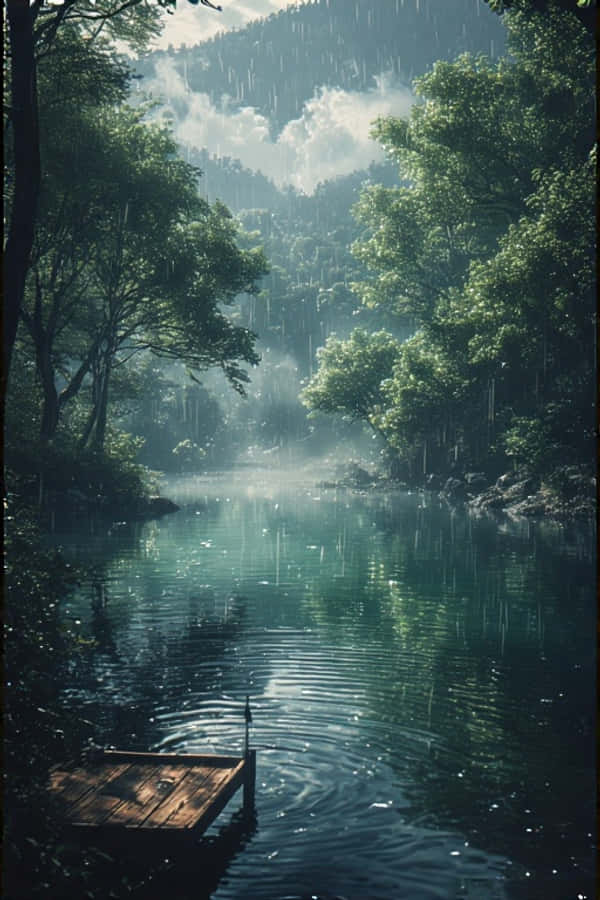 Anime Regnfull Innsjø i Grønn Skog Fredelig Natur 4K Bakgrunner