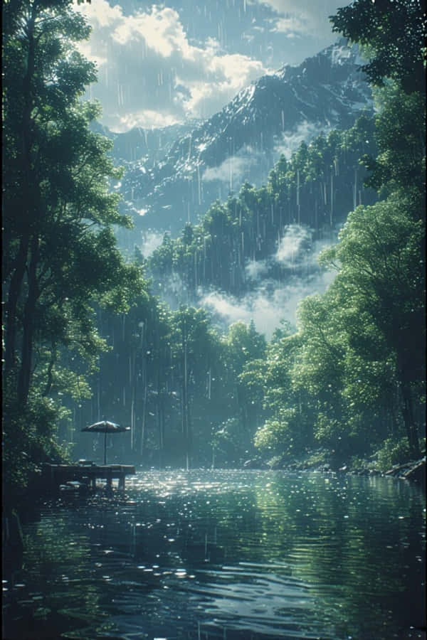 Anime Regnfull Innsjø i Grønn Skog Fredelig Natur 4K Bakgrunner