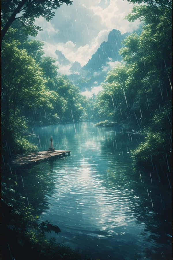 Anime regnvåt vann i grønn skog fredelig natur 4K Bakgrunner