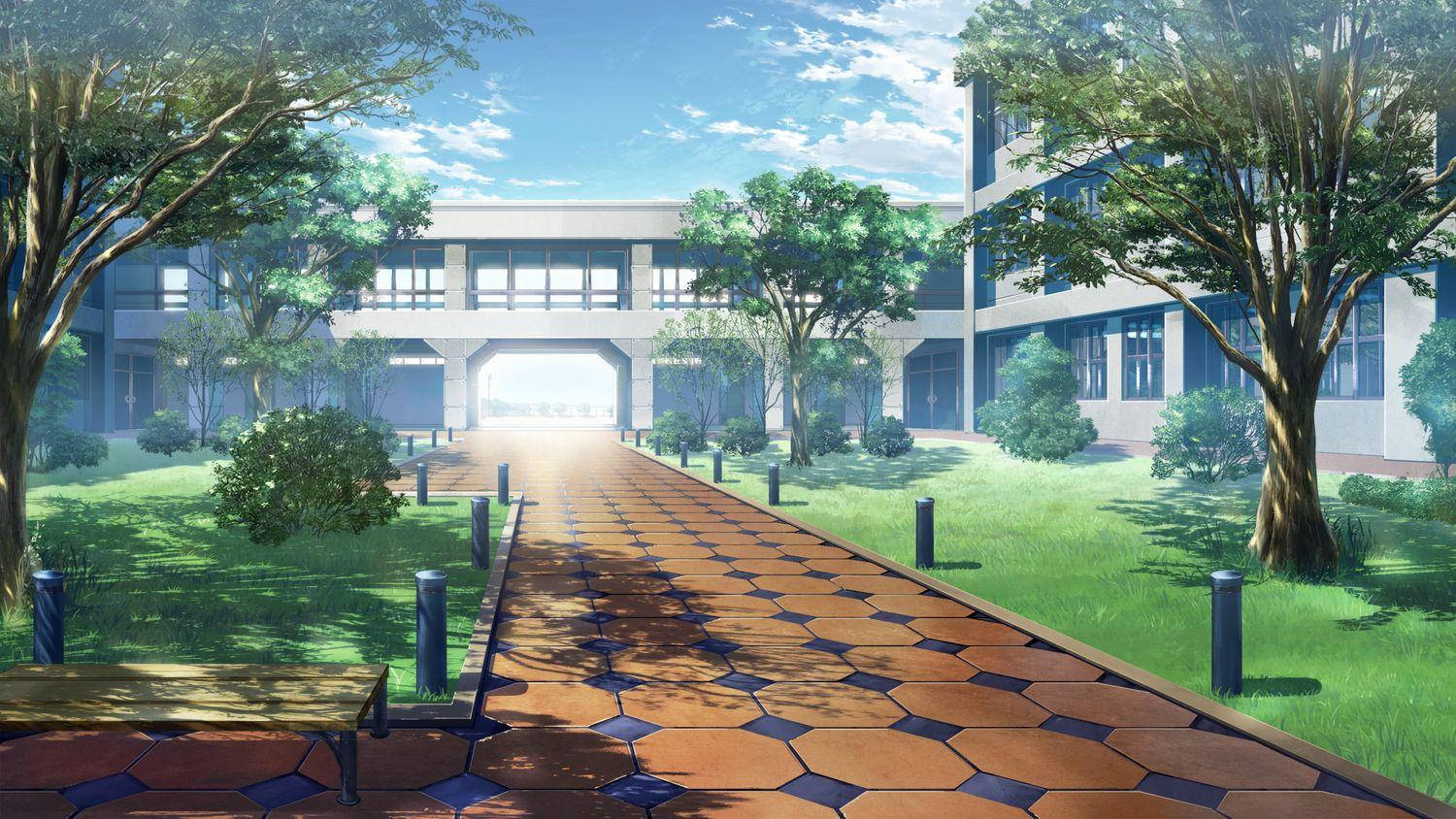 Anime skolelandskap med flislagt sti Bakgrunner