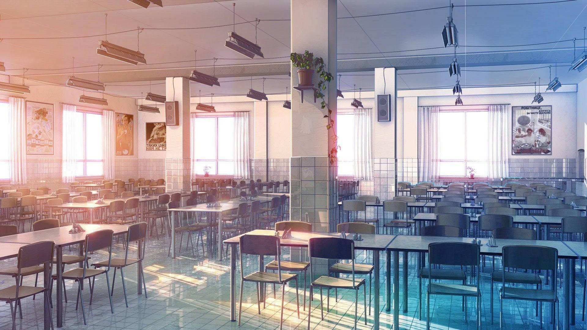 Anime skolelandskap tom kantine ved solnedgang Bakgrunner