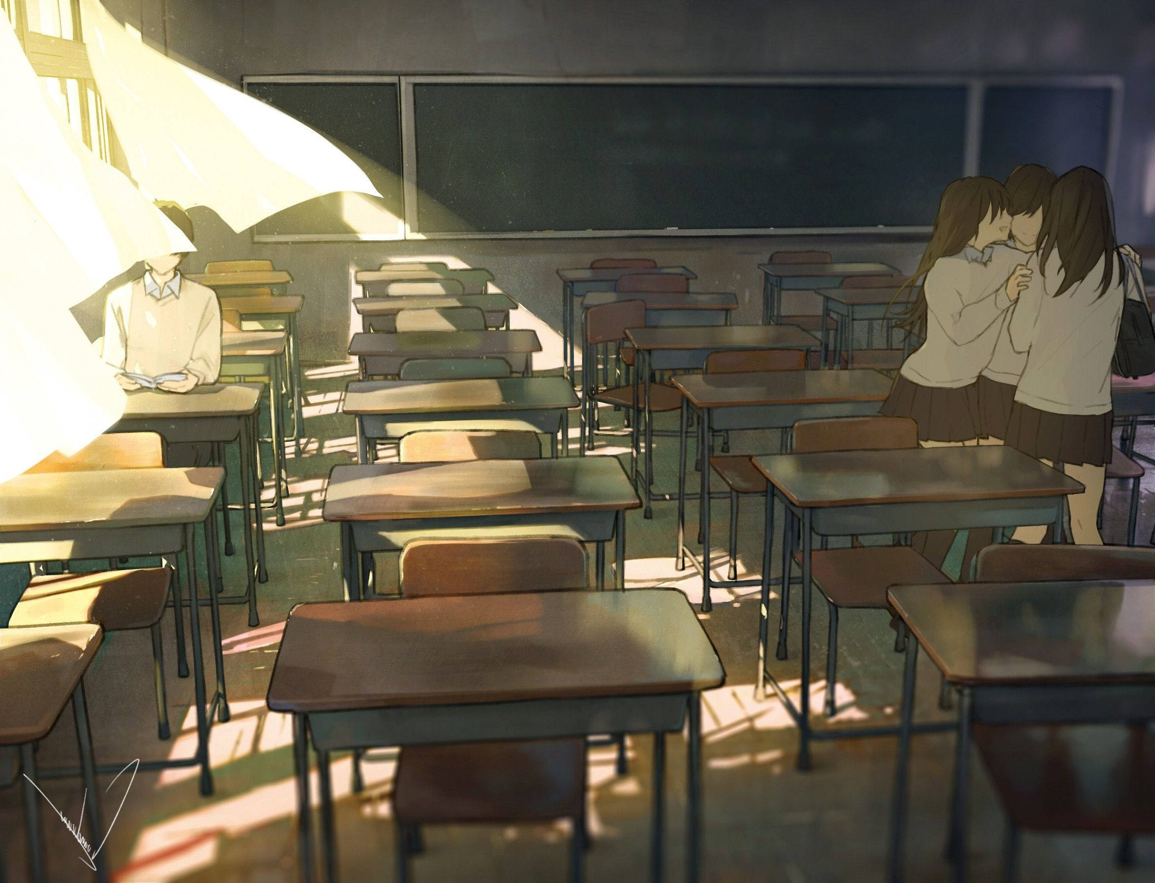 Anime skolelandskap med elever i mørkt klasserom Bakgrunner