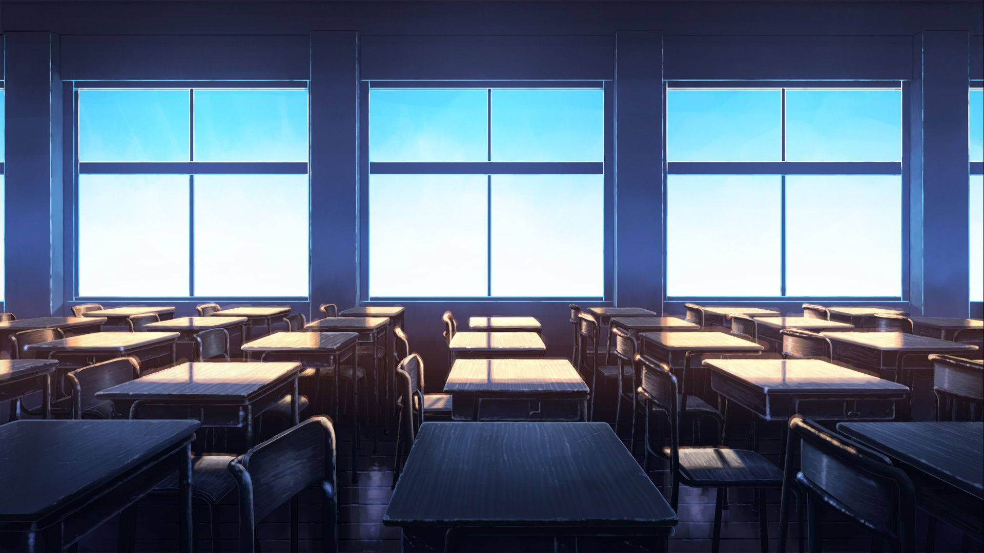 Anime skolelandskap klasserom med vindusutsikt Bakgrunner