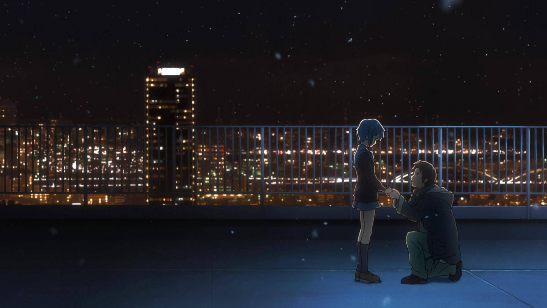 Anime skolelandskap Yuki Nagato Kyon på taket om natten Bakgrunner