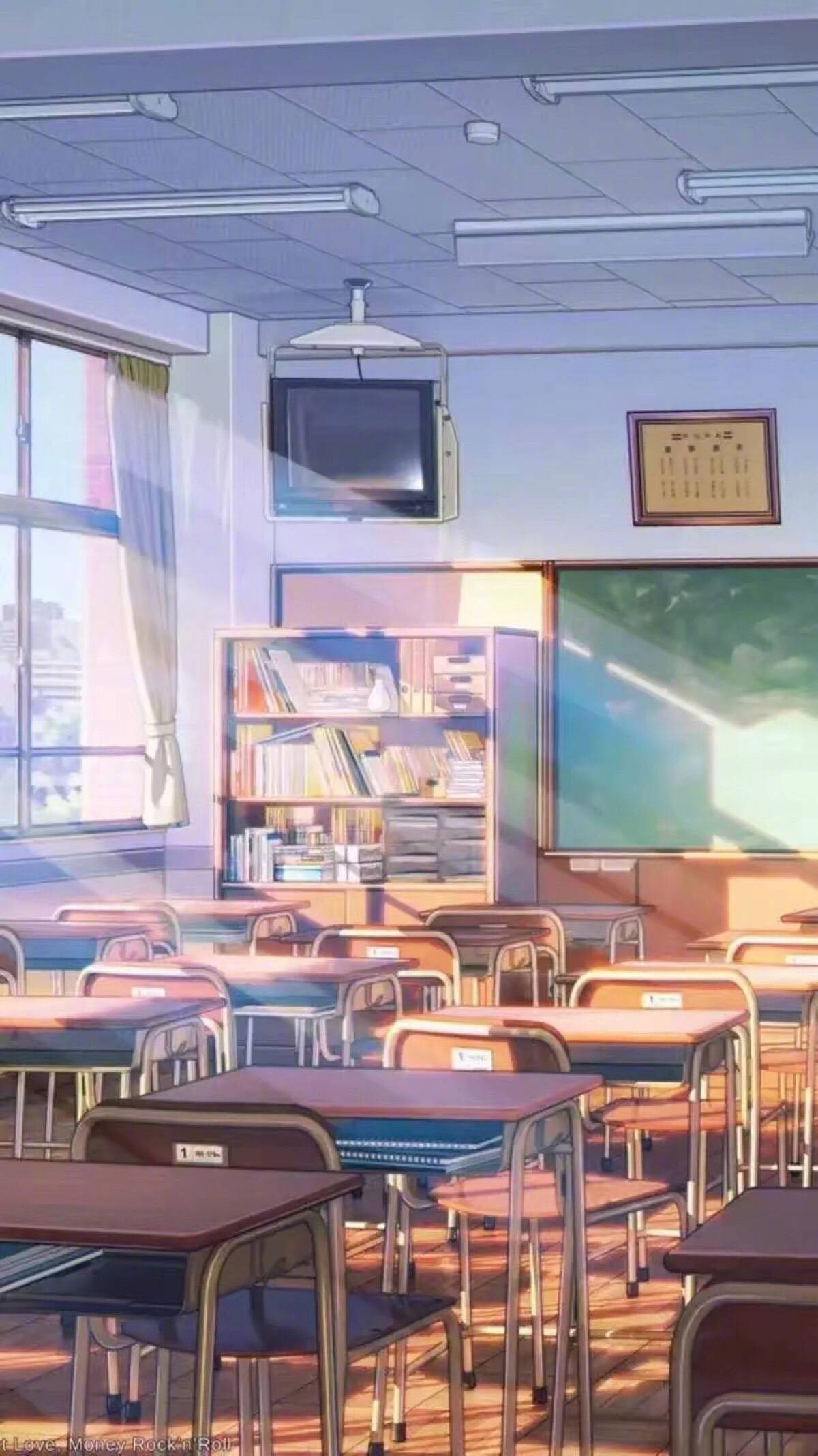 Anime skolescene klasserom med TV Bakgrunner