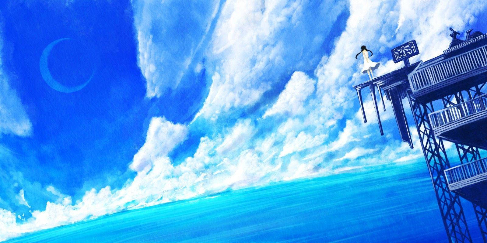 Animeblå jente som ser utover havet Bakgrunner