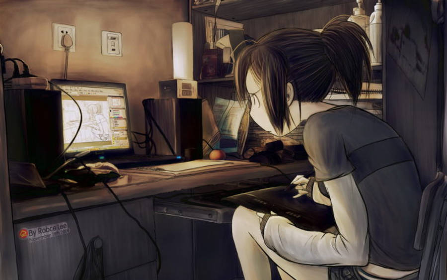 Animejente forvirret foran laptop Bakgrunner