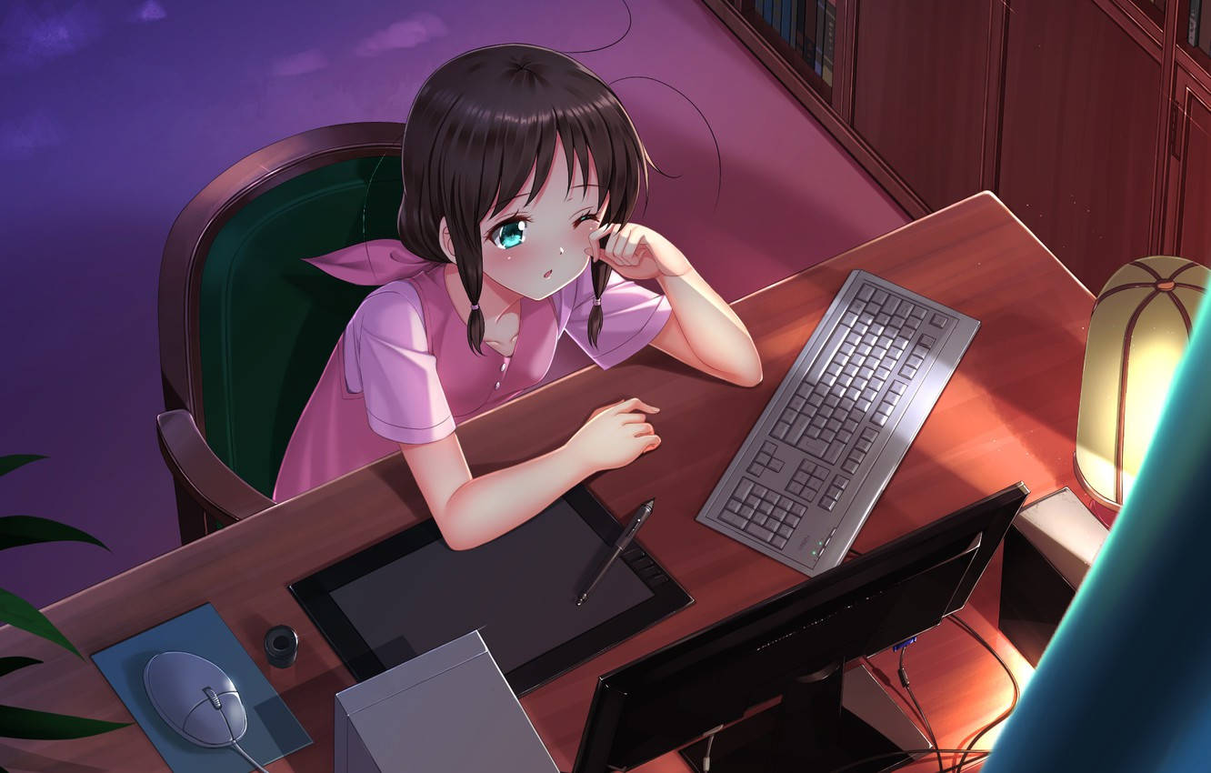 Animejente holder tilbake søvnighet foran laptop Bakgrunner