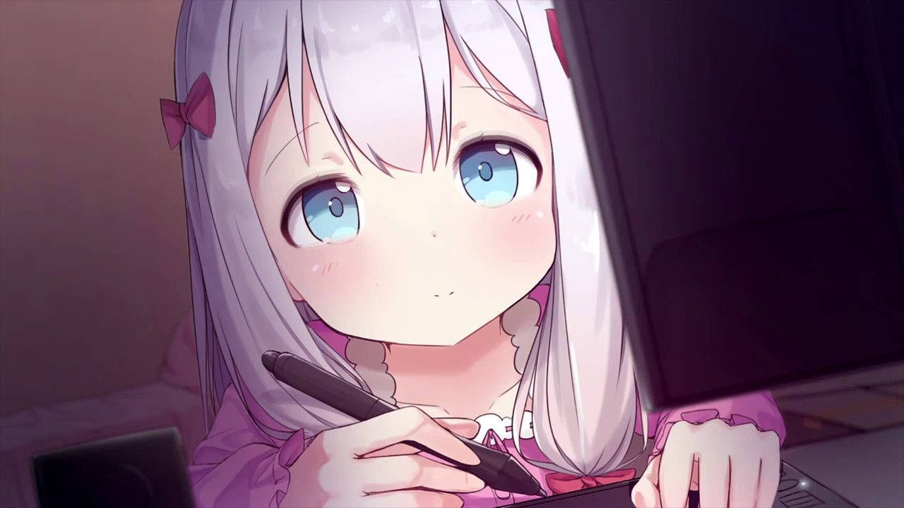 Søt animejente, Izumi Sagiri, som skriver noe mens hun ser på en bærbar PC bakgrunnsbilde — Søt anime-GIF Bakgrunner