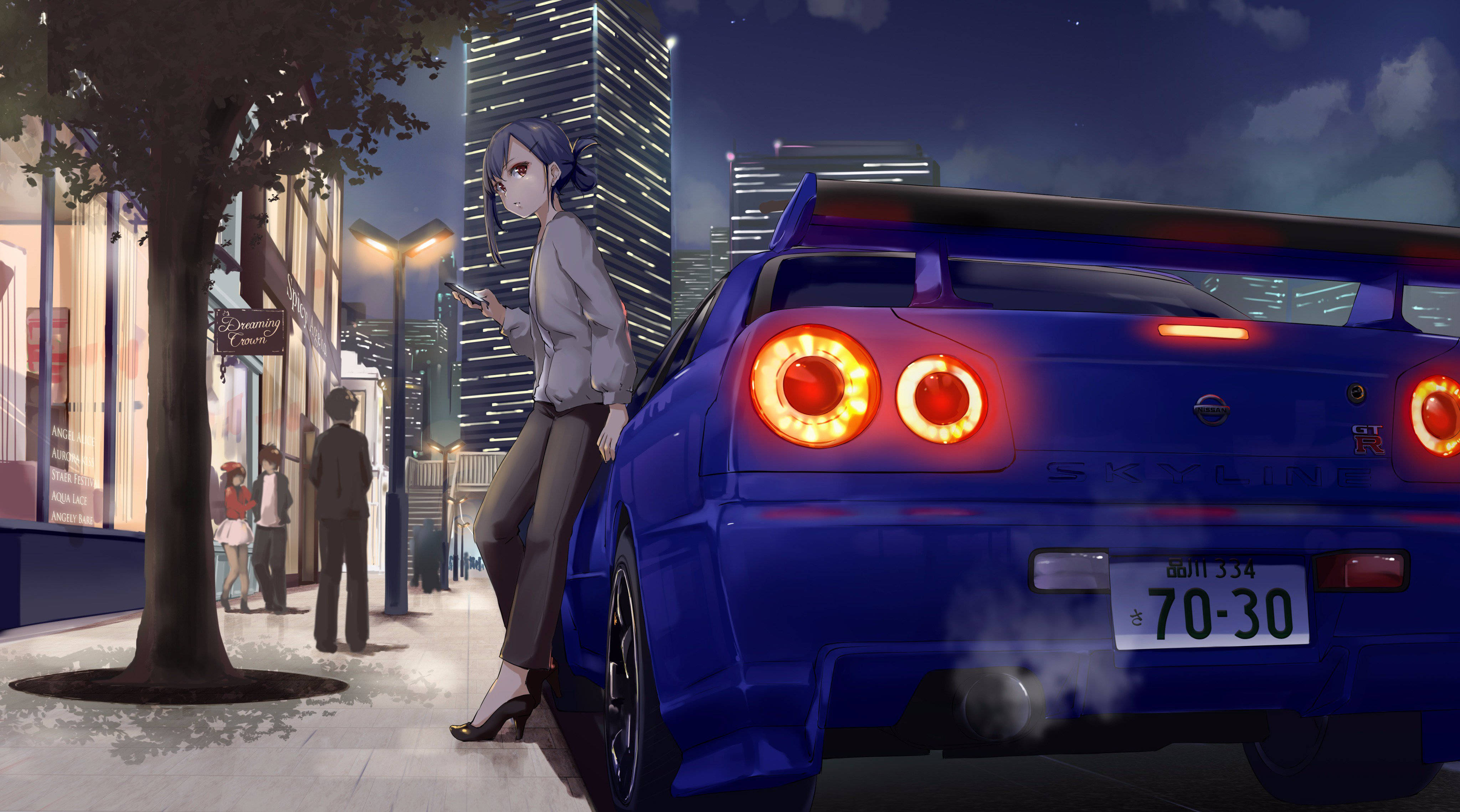 Animejente lent mot en Nissan Skyline-bil Bakgrunner