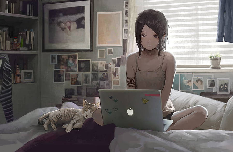 Animejente som jobber med laptop på sengen Bakgrunner