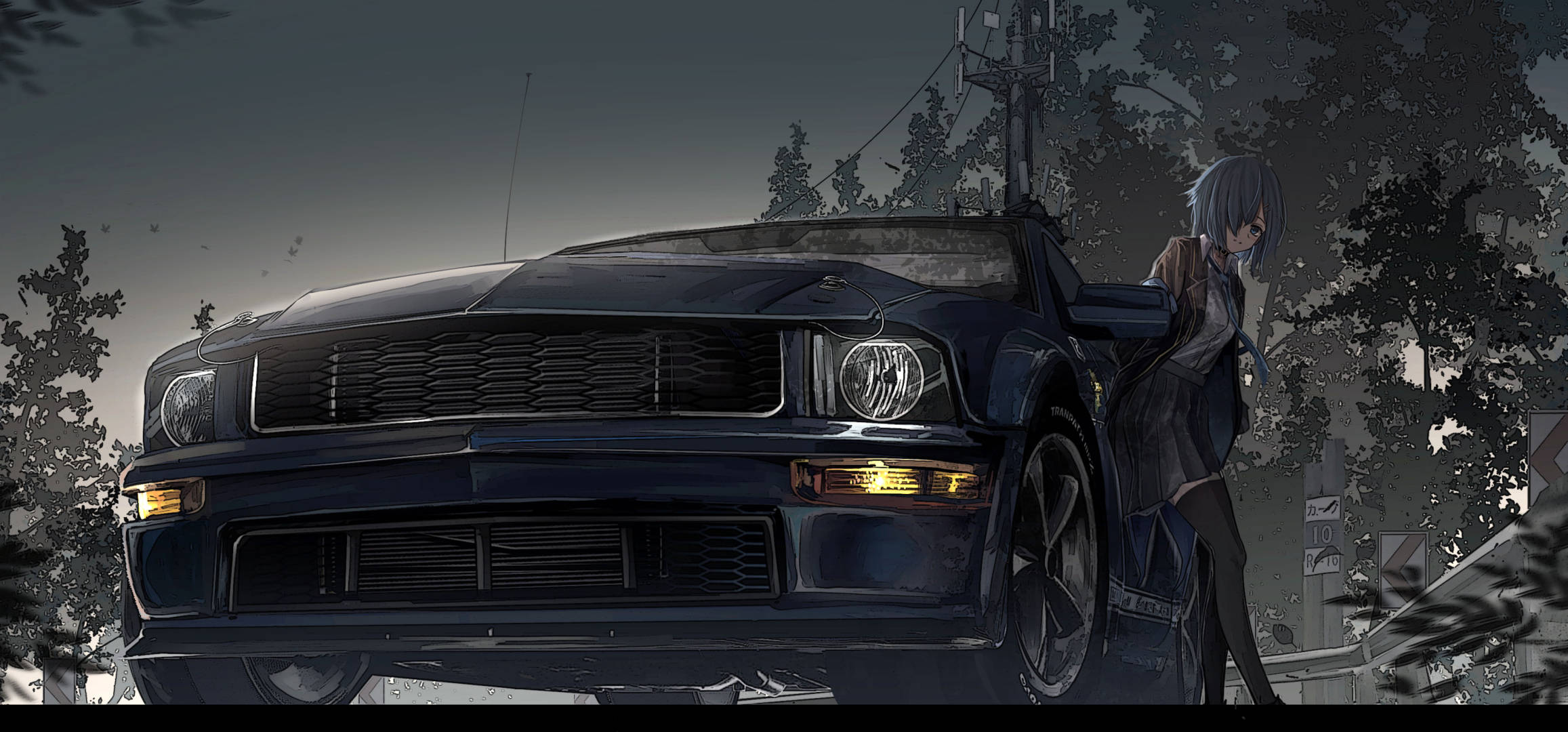 Animejente som lener seg på en Mustang-bil Bakgrunner