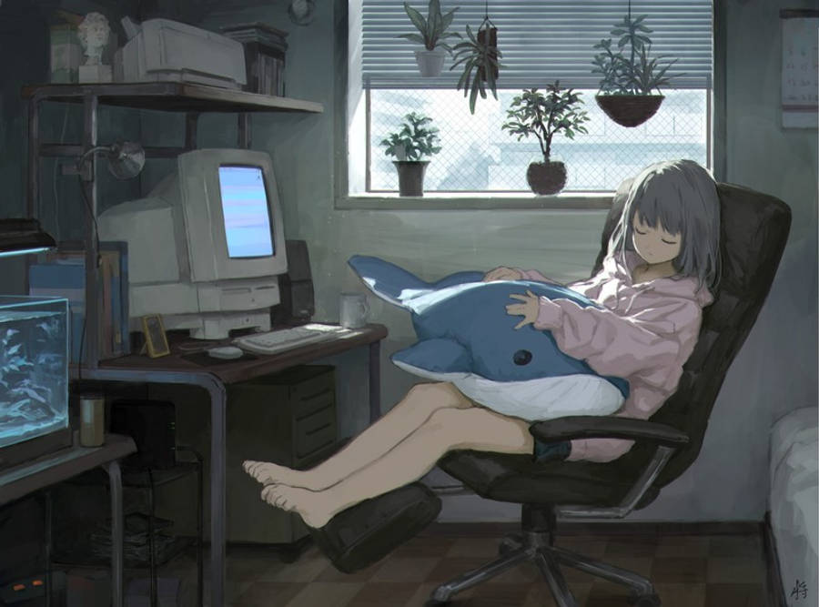 Animejente som sover foran laptop Bakgrunner
